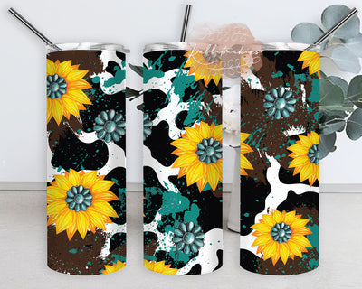 Sunflower Cow Print 20oz Full Tumbler Wrap, Sunflower Gemstone Tumbler Png, Western Turquoise Design Png, Cowhide Sublimation Design, Instant Download Sublimation Rabbitmakies 