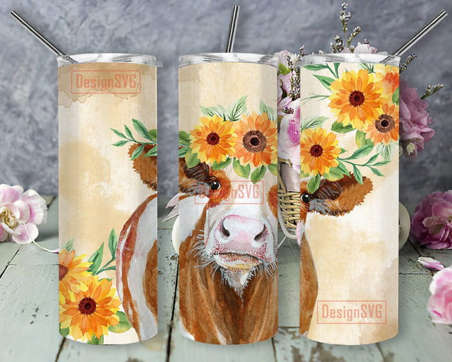Sunflower Cow Print 20oz Skinny Tumbler Png, Cowhide Sunflower Tumbler, Sunflower Tumbler, Cowhide Tumbler Gift For Her, Watercolor Flowers, Cowhide Tumbler Sublimation DesignSVG 
