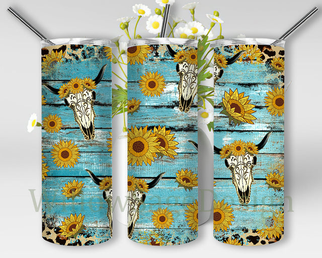 Sunflower Cow Skull 20oz Skinny Tumbler, Western Cow Skull Tumbler Png, Wood Leopard Tumbler Wrap, Cow Skull Sublimation Design, Digital Download Sublimation WillowSageDesign 