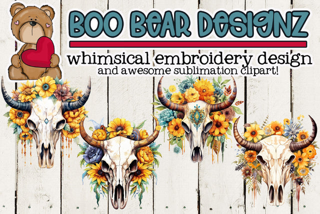 Sunflower Cow Skull Clipart Sublimation Boo Bear Designz 