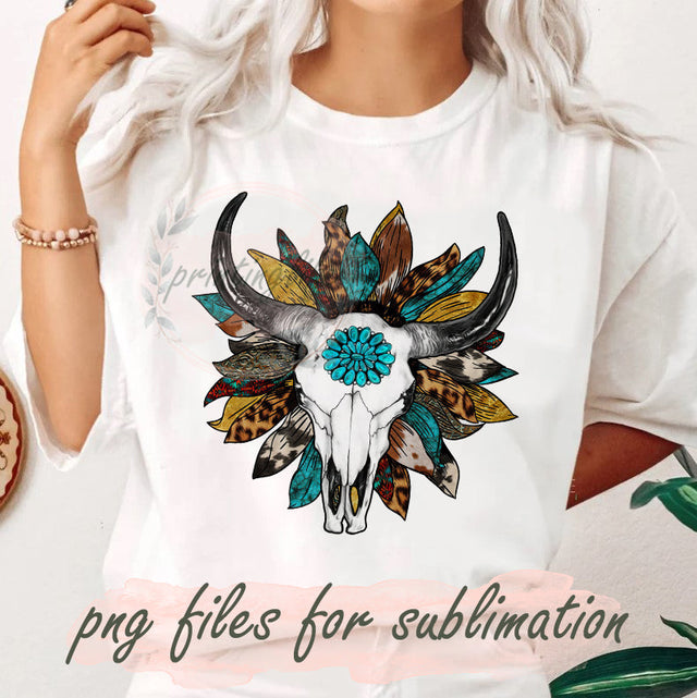 Sunflower Cow Skull Design Png, Gemstone Cow Skull Sublimation Png, Sunflower Cowhide Leopard Turquoise Png, Western Bull Skull Png, Texas Png, Instant Download Sublimation PrintingLife 