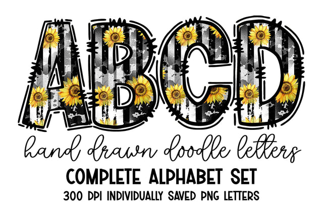 Sunflower Cow Uppercase Doodle Letters Alphabet Set Sublimation BijouBay 