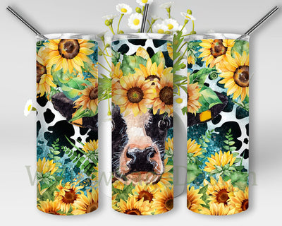 Sunflower Cow Wrap 20oz Skinny Tumbler Png, Cowhide Tumbler Gift For Her, Highland Cow Sunflowers, Watercolor Flowers, Cowhide Tumbler Sublimation WillowSageDesign 