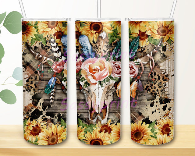 Sunflower Cowgirl Bull 20oz Skinny Tumbler Png, Leopard Cow Skull Png, Cowhide Tumbler Png, Cowhide Skull Western Tumbler, Western Bull Skull Tumbler Sublimation sassyprint 