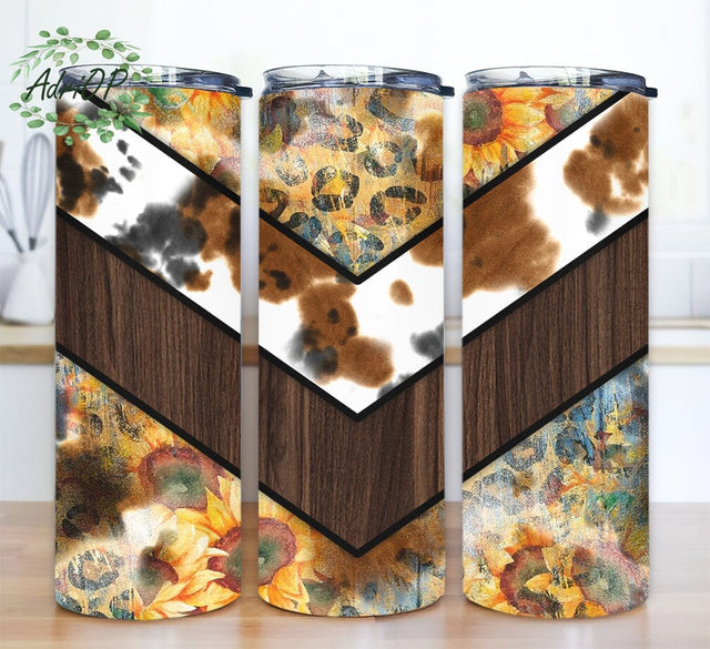 Sunflower Cowhide 20oz Skinny Tumbler Png, Country Western Tumbler, Leopard Tumbler, Wood Leopard Cowhide Tumbler, Western Sunflower Tumbler Sublimation AdriOP 