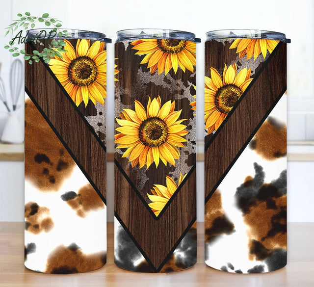 Sunflower Cowhide 20oz Skinny Tumbler Png, Cow Print Country Tumbler, Rustic Western Tumbler Png, Rustic Sunflower, Sunflowers Leopard Cowhide Sublimation Sublimation AdriOP 