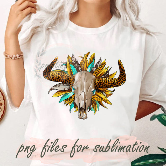 Sunflower Cowhide Leopard Turquoise Bull Skull Png, Leopard Bull Skull Design Png, Sunflower Sublimation Png, Country Western Png, Bull Skull Sublimation Design, Digital Download Sublimation PrintingLife 