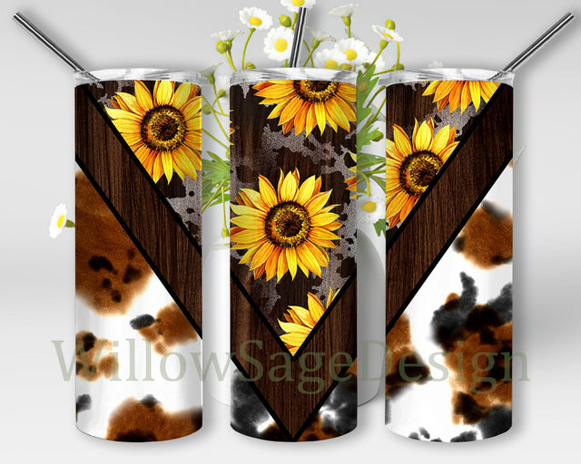 Sunflower Cowhide Tumbler Wrap, Sunflower 20oz Skinny Tumbler, Rustic Western Tumbler Png, Cowhide Sublimation Design, Digital Download Sublimation WillowSageDesign 