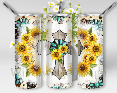 Sunflower Cross Gemstone Tumbler Png, Western Cross 20oz Skinny Tumbler, Cowhide Tumbler Wrap, Faith Sublimation Design, Instant Download Sublimation WillowSageDesign 