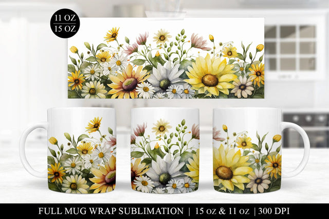 Sunflower & Daisy Mug Wrap PNG Sublimation BijouBay 