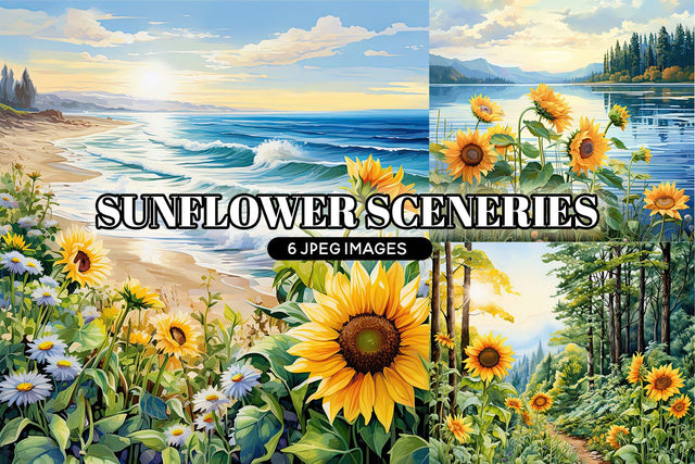Sunflower Digital Backgrounds, 6 Watercolor Digital Papers Sublimation BijouBay 