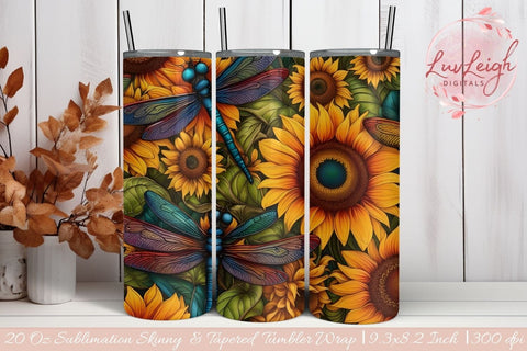 Sunflower Dragonflies tumbler wrap Sublimation Luvleigh Digitals 