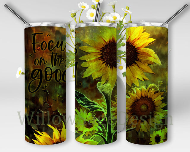Sunflower Focus On The Good Tumbler, Sunflower Tumbler Wrap, Focus On The Good Tumbler Wrap, Sunflower Png, Alcohol Ink Tumbler Wrap Sublimation WillowSageDesign 