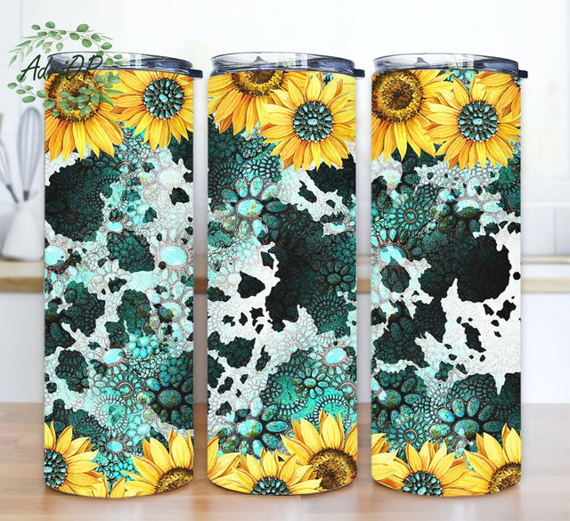 Sunflower Gemstone Cowhide 20oz Skinny Tumbler Png, Cowhide Tumbler, Gemstone Tumbler, Sunflower Png, Turquoise Gemstone Tumbler Sublimation AdriOP 