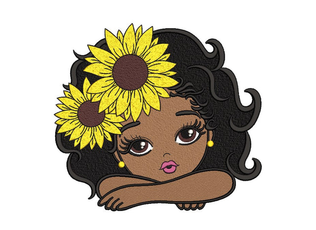 Sunflower Girl Embroidery Design, Black African American Kids Embroidery File, 3 sizes, Instant download Embroidery/Applique DESIGNS Nino Nadaraia 
