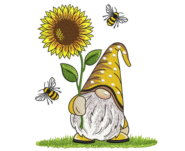 Sunflower Gnome and Bees Embroidery Design, 4 sizes Embroidery/Applique DESIGNS Nino Nadaraia 