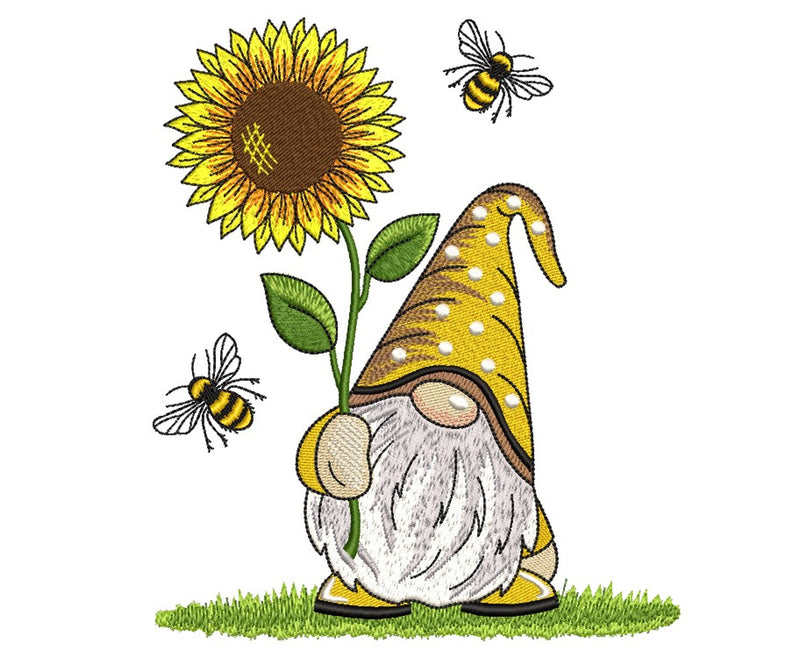Sunflower Gnome and Bees Embroidery Design, 4 sizes Embroidery/Applique DESIGNS Nino Nadaraia 