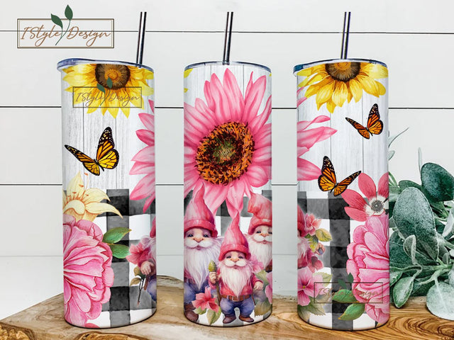Sunflower Gnome Tumbler Wrap Sublimation Designs Pink Seamless Floral Tumbler Design 20oz Skinny Sublimation Tumbler Download Png Butterfly Sublimation iStyleDesign 