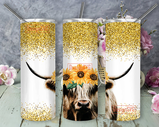 Sunflower Highland Cow 20oz Skinny Tumbler Sublimation, Highland Cow Tumbler for Straight Tapered Tumbler PNG File Digital Download Sublimation DesignSVG 