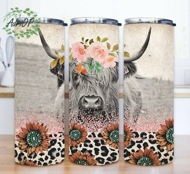 Sunflower Highland Cow Tumbler Wrap, Leopard 20oz Skinny Tumbler Sublimation Tumbler for Straight/Tapered Tumbler PNG File Digital Download Sublimation AdriOP 