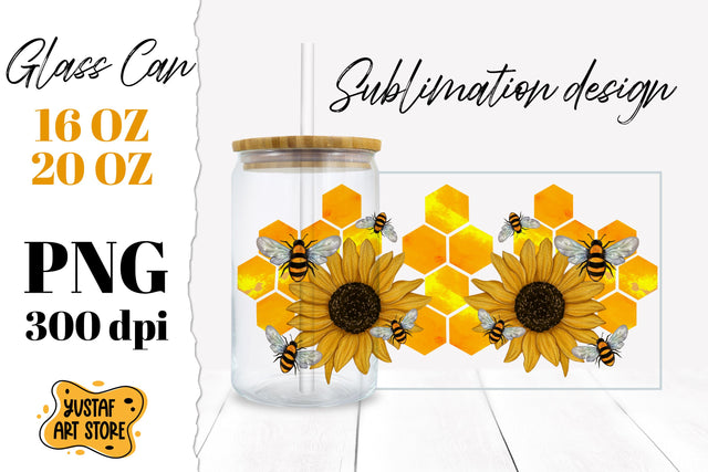 Sunflower & Honey Bee Glass Can Sublimation design 16oz 20oz Sublimation Yustaf Art Store 