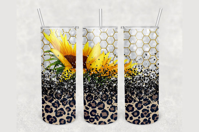 Sunflower Honeycomb Leopard Glitter Tumbler sublimation design 20 oz skinny tumbler wrap Sublimation BambinaCreations 