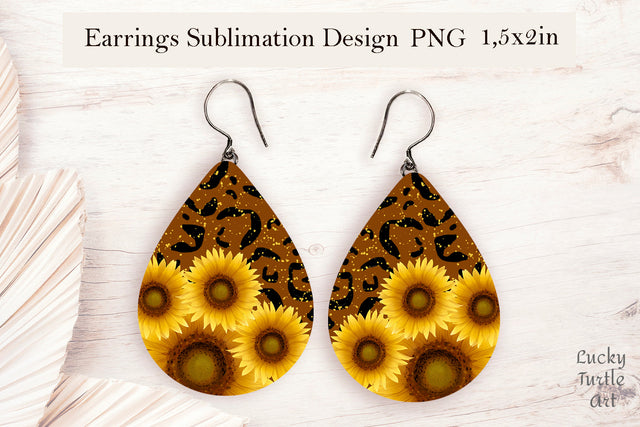 Sunflower leopard teardrop sublimation earrings design Sublimation LuckyTurtleArt 