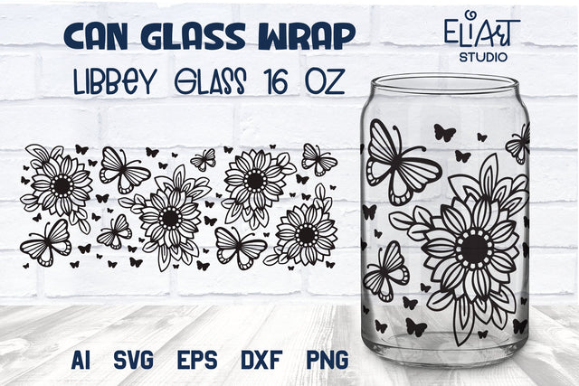 Sunflower Libbey Can Glass SVG, Butterfly Beer Glass Can Wrap, 16 OZ Libbey Glass Summer PNG. SVG Elinorka 