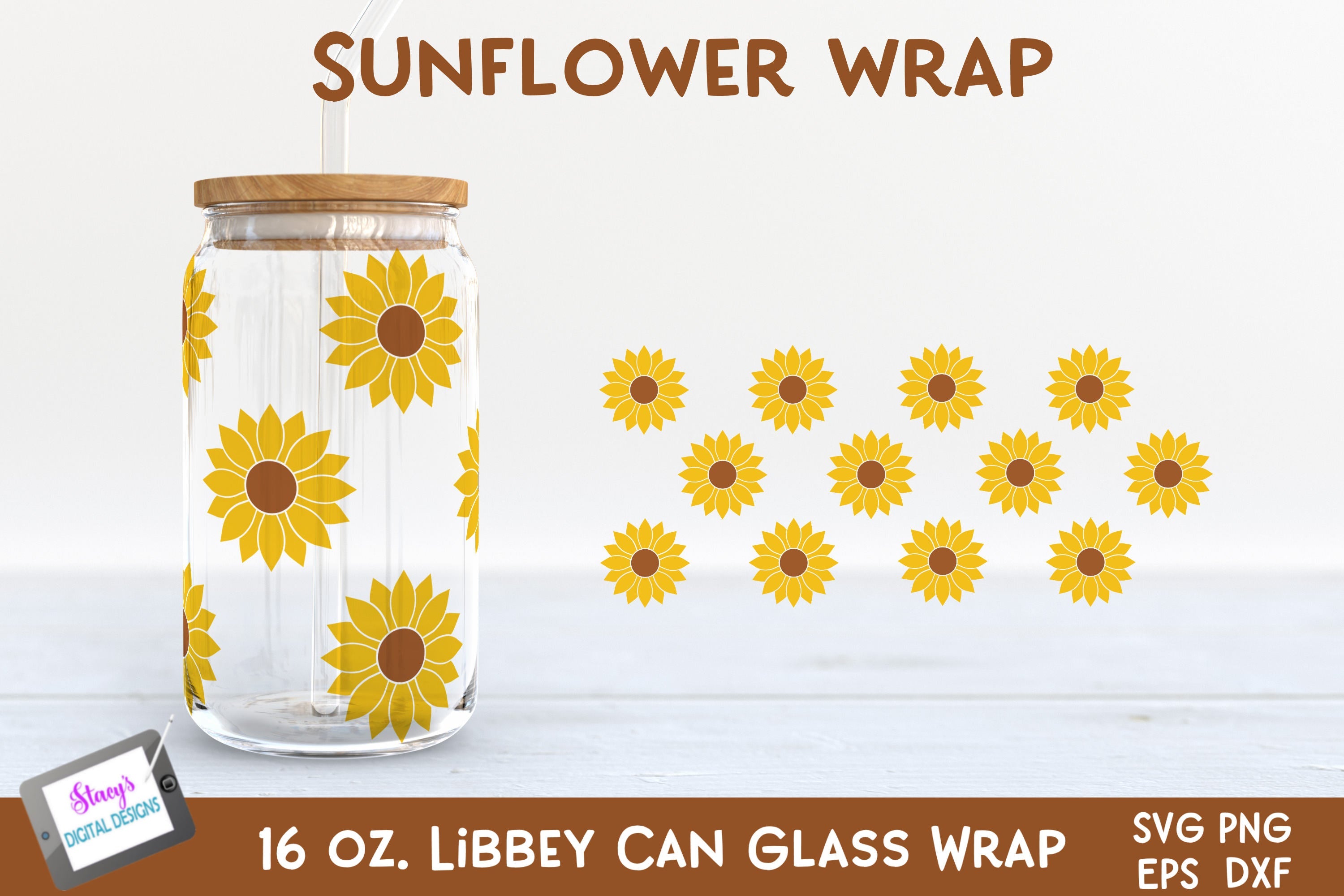 Sunflower 16oz Glass Can Wrap SVG Libbey Can Glass Full Wrap - Crella