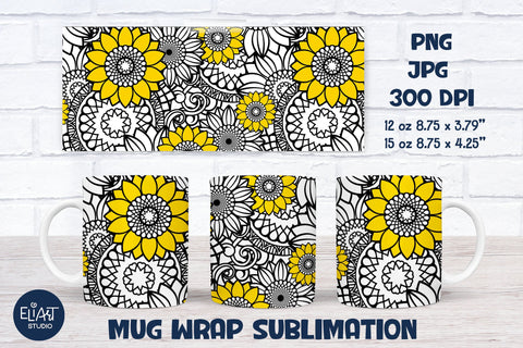 Sunflower Mandala Mug Sublimation, Full Mug Wrap Sublimation, Mug Sublimation with Flowers. Sublimation Elinorka 
