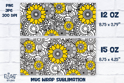 Sunflower Mandala Mug Sublimation, Full Mug Wrap Sublimation, Mug Sublimation with Flowers. Sublimation Elinorka 
