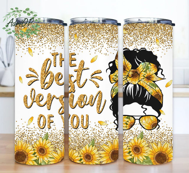 Sunflower Mom Life 20oz Skinny Tumbler Png, Gold Glitter The Best Version Of You Tumbler, Mom Life Tumbler, Messy Bun Tumbler Sublimation AdriOP 