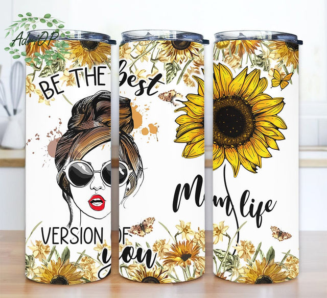 Sunflower Mom Life 20oz Skinny Tumbler Png, Sunflower Tumbler. Mom Life Tumbler, Messy Bun Tumbler, Cute Mom Bun Tumbler Png Sublimation AdriOP 