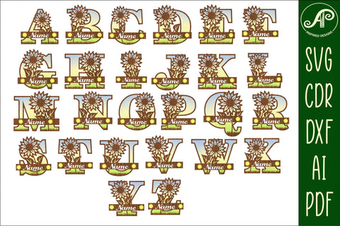 Sunflower monogram letter bundle Name signs SVG 3 layer SVG APInspireddesigns 