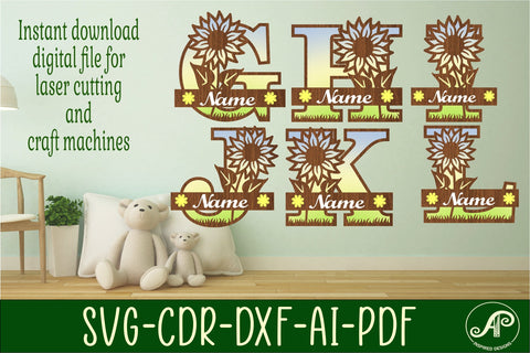 Sunflower monogram letter bundle Name signs SVG 3 layer SVG APInspireddesigns 
