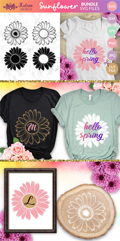 Sunflower monogram svg Bundle, sunflower svg, sunflower outline, sunflower silhouette, flower border svg, floral frame svg, sunflower clipart, sunflower png, sunflower frame, cricut sunflower svg, flower svg, floral svg, svg files for cricut SVG KatineDesign 