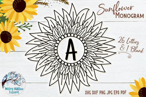 Sunflower Monogram SVG Bundle SVG Wispy Willow Designs 