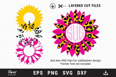 Sunflower monogram SVG, Sunflower Leopard print SVG, DXF, Cricut, Silhouette SVG ClipartMuchLove 