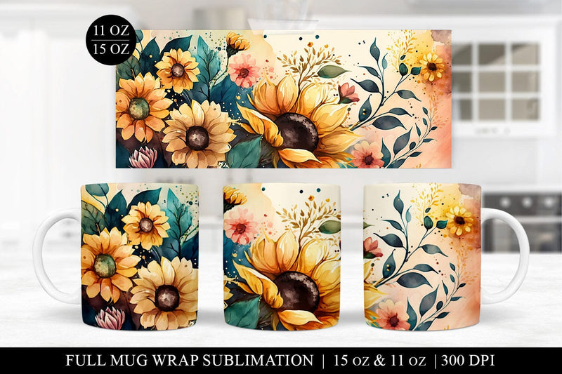 Sunflower Mug Wrap Sublimation | Floral Mug Press Design Sublimation BijouBay 