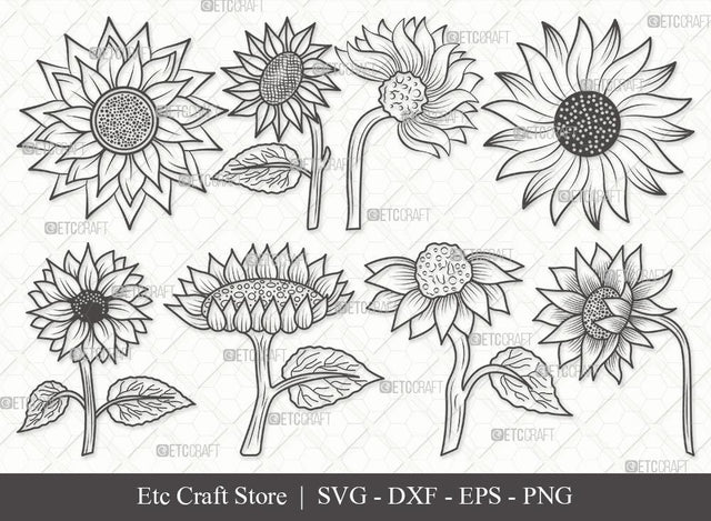 Sunflower Outline SVG Cut Files | Sunflower Bundle | Sunflower Clipart | Sunflower Outline | Vector Cutting files | Floral SVG | Eps | Dxf | Png | SVG ETC Craft 