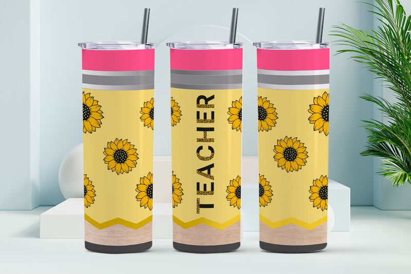 Sunflower Pencil Teacher tumbler, Teacher tumbler wrap, 20 oz skinny tumbler Sublimation KMarinaDesign 