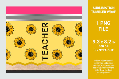 Sunflower Pencil Teacher tumbler, Teacher tumbler wrap, 20 oz skinny tumbler Sublimation KMarinaDesign 