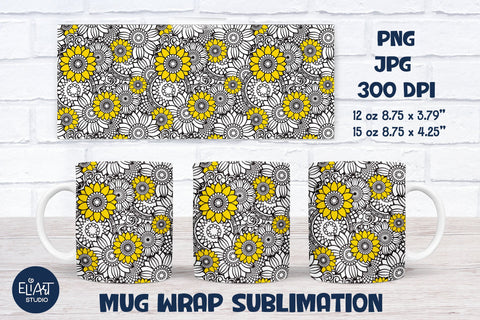 Sunflower PNG Mug Sublimation, Full Mug Wrap Sublimation, Coffee Mug Sublimation with Flowers. Sublimation Elinorka 