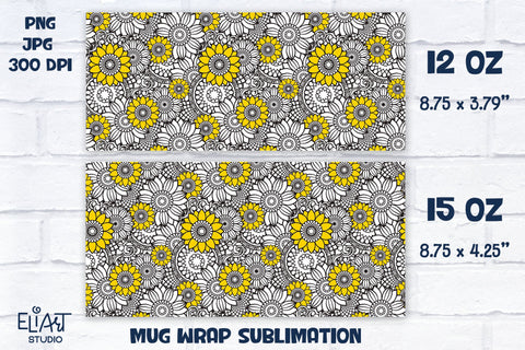 Sunflower PNG Mug Sublimation, Full Mug Wrap Sublimation, Coffee Mug Sublimation with Flowers. Sublimation Elinorka 