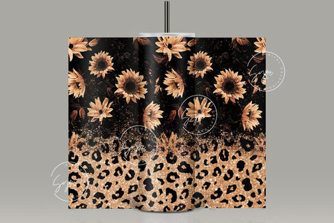 Sunflower Print Tumbler PNG, Seamless Floral Sublimation, 20 oz Skinny Tumbler, Glitter Leopard Pattern, Earthy Tumbler Wrap PNG, Digital Download Sublimation Syre Digital Creations 