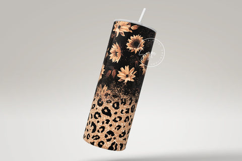 Sunflower Print Tumbler PNG, Seamless Floral Sublimation, 20 oz Skinny Tumbler, Glitter Leopard Pattern, Earthy Tumbler Wrap PNG, Digital Download Sublimation Syre Digital Creations 