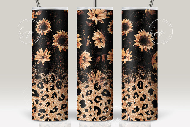 Sunflower Print Tumbler PNG, Seamless Floral Sublimation, 20 oz Skinny Tumbler, Glitter Leopard Pattern, Earthy Tumbler Wrap PNG, Digital Download Sublimation Syre Digital Creations 