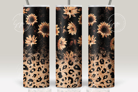 Sunflower Print Tumbler PNG, Seamless Floral Sublimation, 20 oz Skinny Tumbler, Glitter Leopard Pattern, Earthy Tumbler Wrap PNG, Digital Download Sublimation Syre Digital Creations 