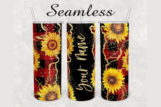 Sunflower Red Plaid Gold Agate Tumbler sublimation design 20 oz skinny tumbler wrap Sublimation BambinaCreations 