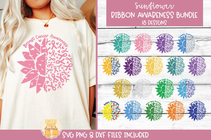 Sunflower Ribbon Awareness SVG Bundle | Cancer Ribbon Design SVG Cheese Toast Digitals 